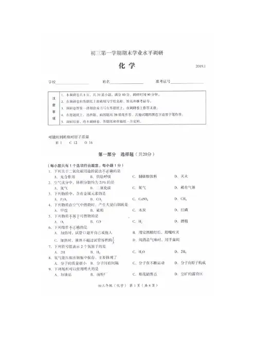 2018-2019学年北京市海淀区初三年级第一学期期末化学试卷