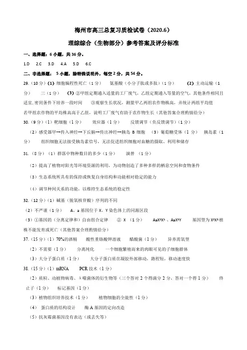 梅州市2020届高三二模 理科综合答案