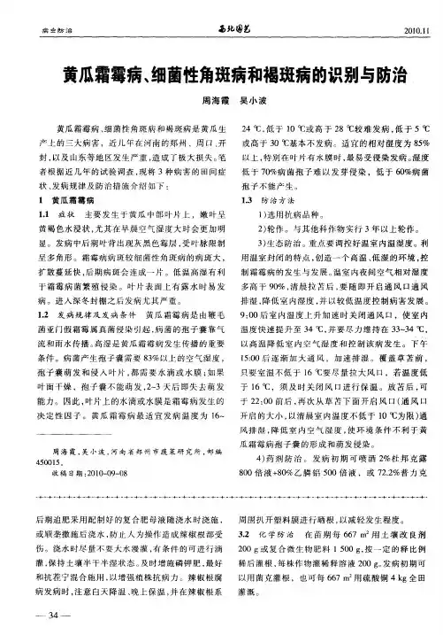黄瓜霜霉病、细菌性角斑病和褐斑病的识别与防治