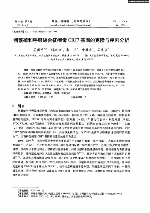 猪繁殖和呼吸综合征病毒ORF7基因的克隆与序列分析