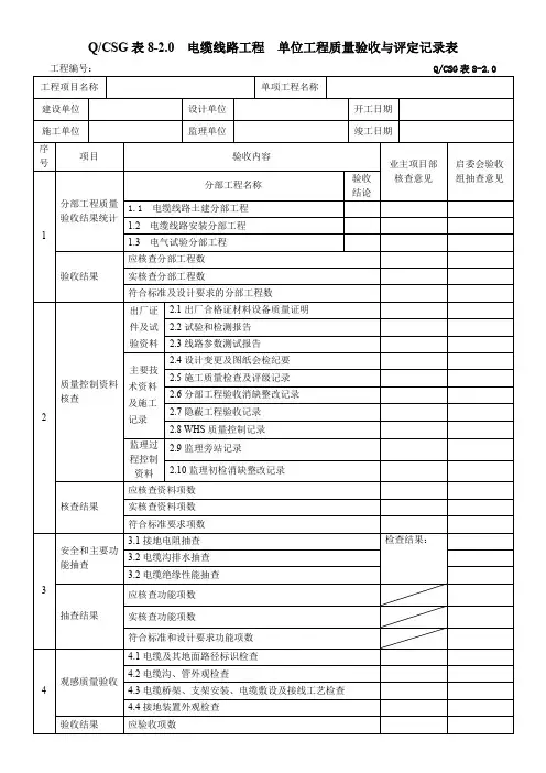 表8-2.0  电缆线路工程    单位工程质量验收与评定记录表