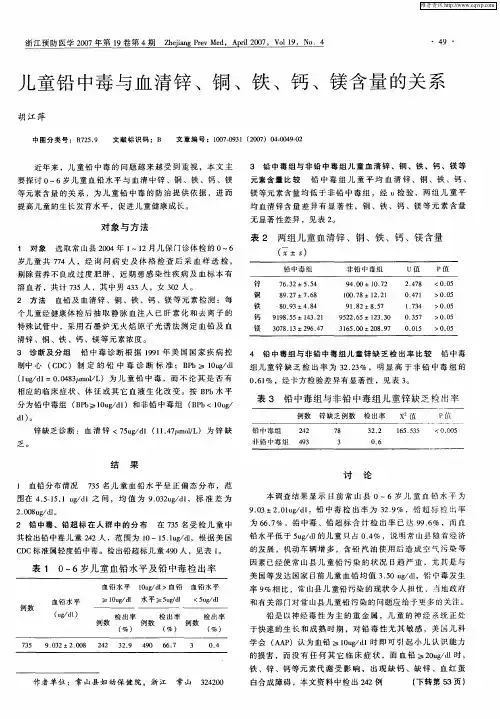 儿童铅中毒与血清锌、铜、铁、钙、镁含量的关系