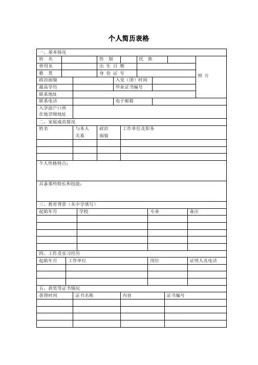 空白个人简历表格