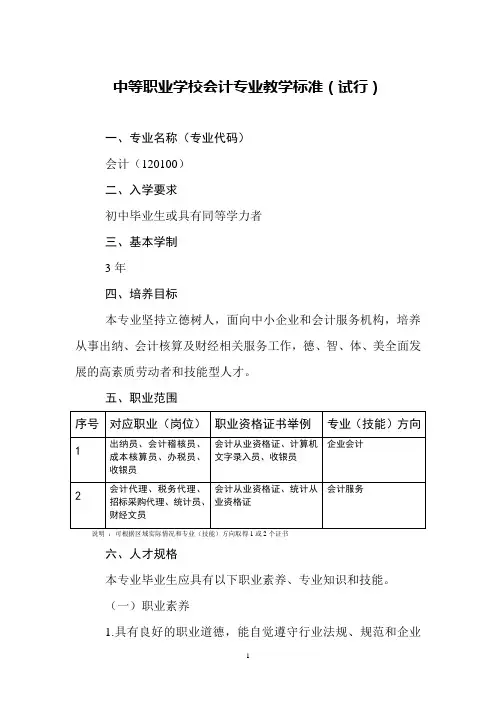 中等职业学校专业教学标准编写说明资料