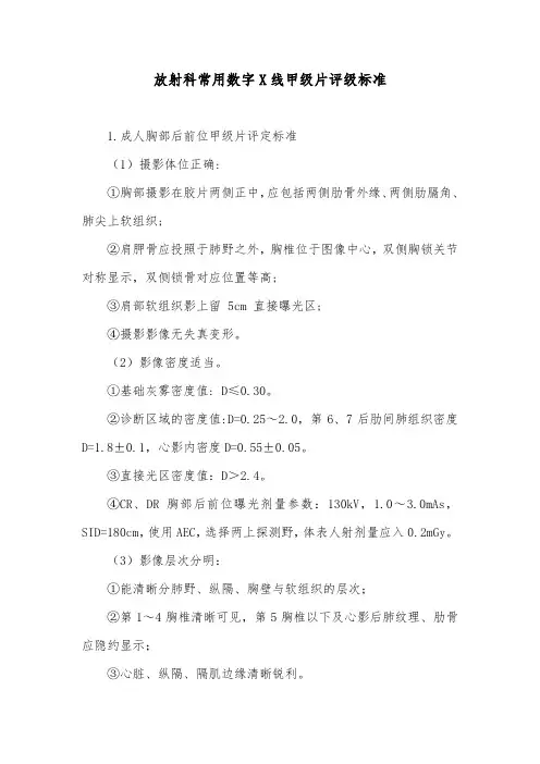 放射科常用数字X线甲级片评级标准