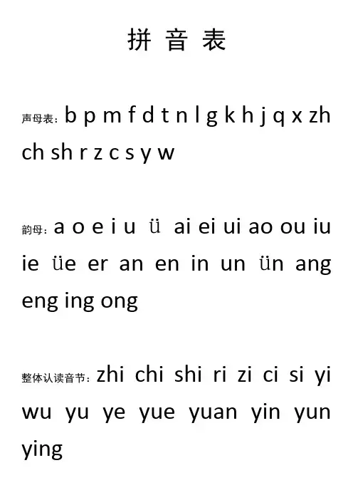 汉语拼音声母表韵母表整体拼读表(可A4打印)