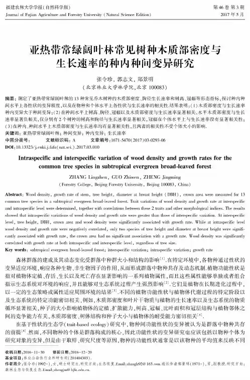 亚热带常绿阔叶林常见树种木质部密度与生长速率的种内种间变异研究