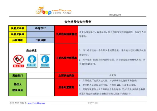 冷库作业安全风险告知卡
