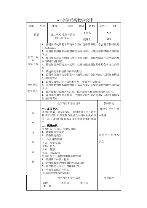 七年级生物上册教案 第二单元-生物体的结构层次