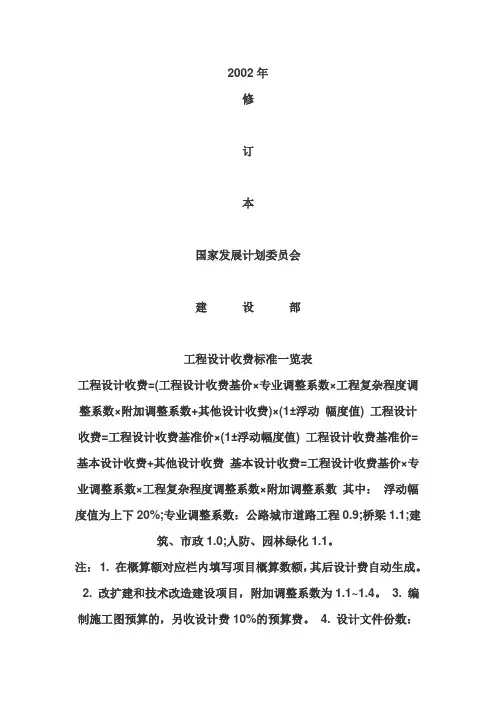 工程设计费取费计算表 2