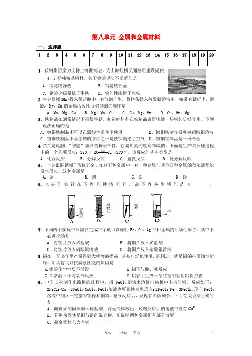 九年级化学下册《第八单元金属和金属材料》单元检测题 人教新课标版