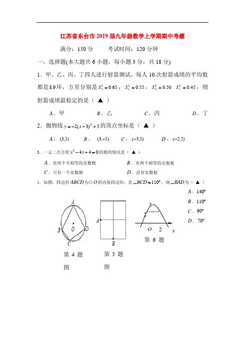 2019届九年级数学上册期中检测试题9