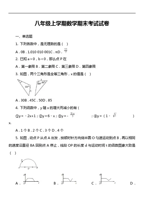 八年级上学期数学期末考试试卷第105套真题