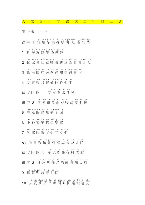 人教版小学语文二年级上册生字表注音版