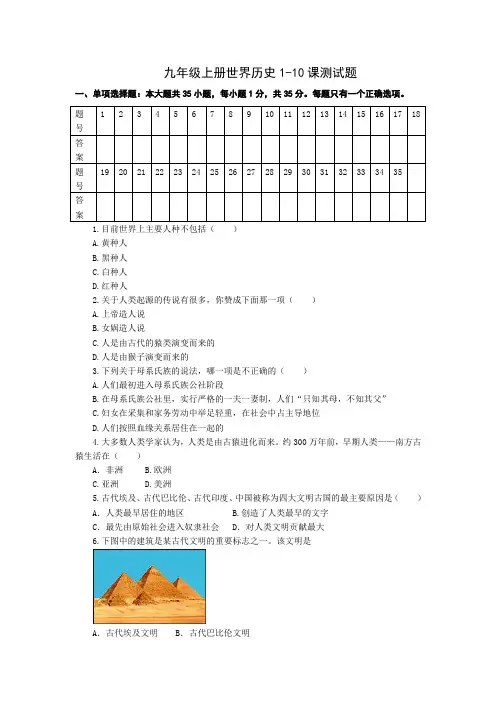 九年级上册世界历史1-10课测试题