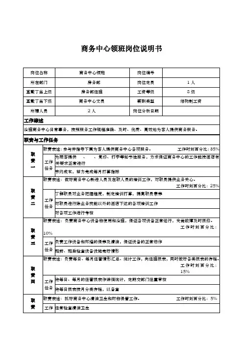 商务中心领班岗位说明书