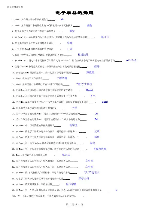 电子表格选择题