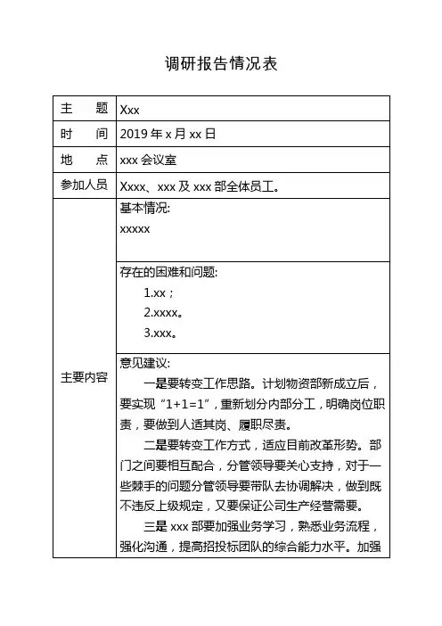 调研报告情况表模板
