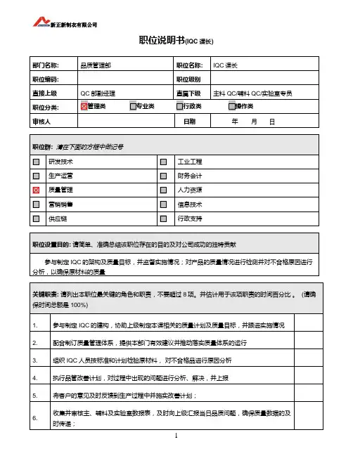 职位说明书-IQC课长