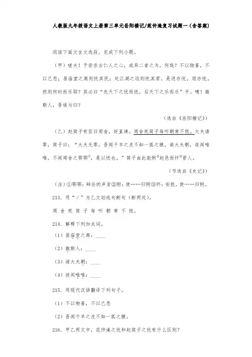 人教版九年级语文上册第三单元岳阳楼记范仲淹复习试题一(含答案) (20)