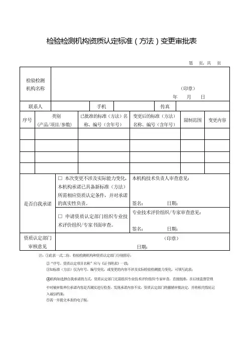 检验检测机构资质认定标准方法变更审批表