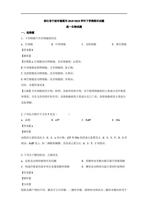 2018-2019学年浙江省宁波市慈溪市高一下学期期末生物考试试卷含答案