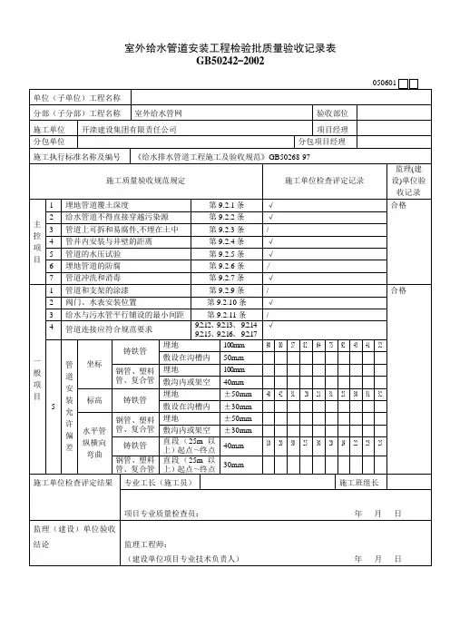 室外给水管道安装工程检验批质量验收记录表 3
