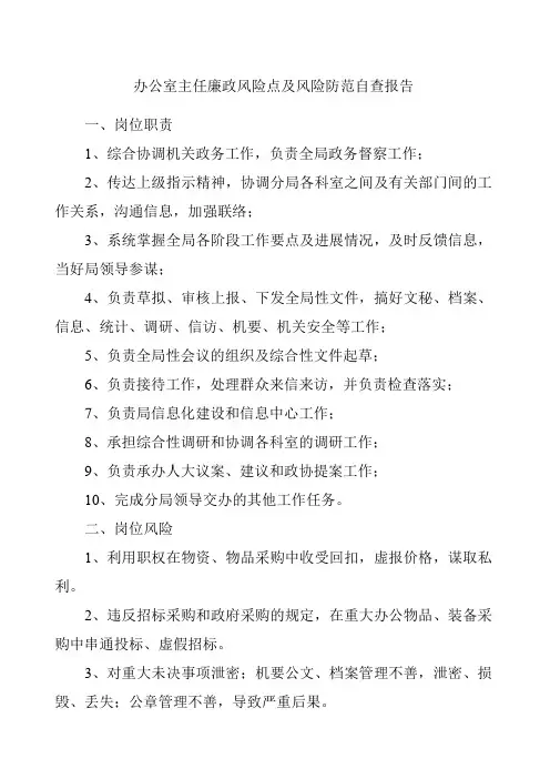 办公室主任廉政风险点及风险防范自查报告