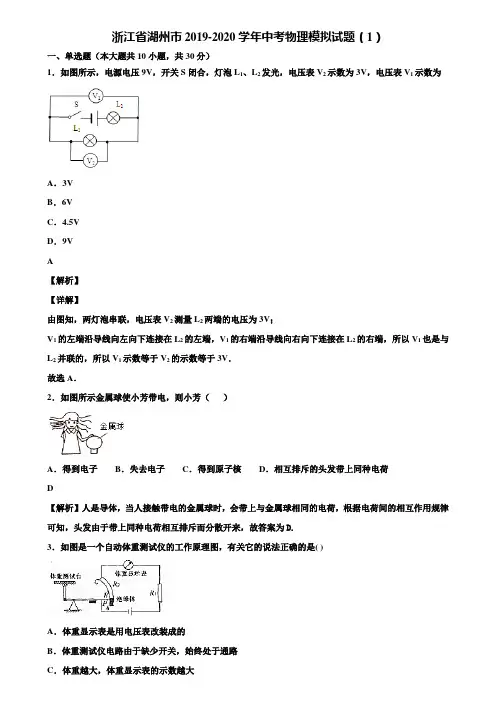 《含中考模拟卷5套》浙江省湖州市2019-2020学年中考物理模拟试题(1)含解析