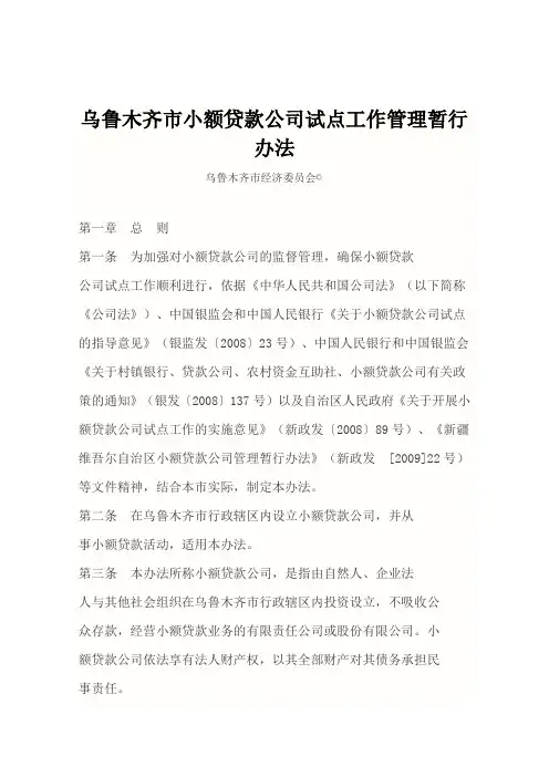 乌鲁木齐市小额贷款公司试点工作管理暂行办法