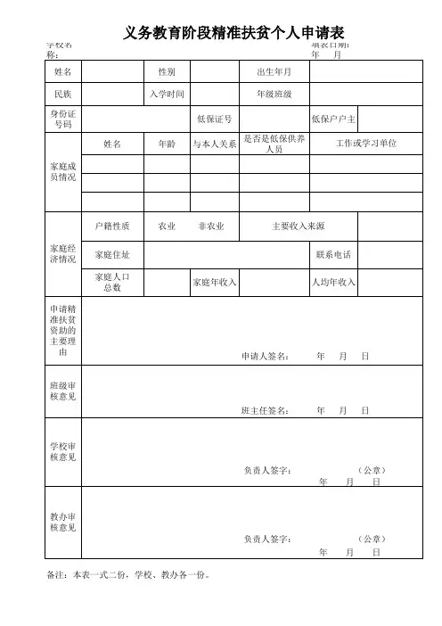 义务教育阶段精准扶贫资助表格