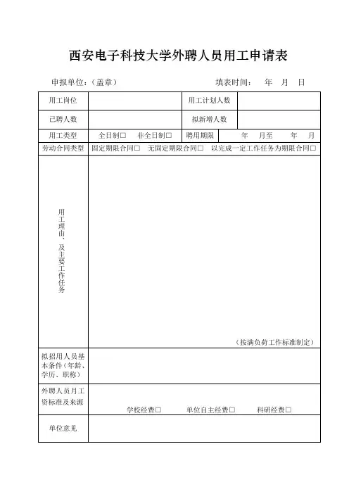 西安电子科技大学外聘人员用工申请表