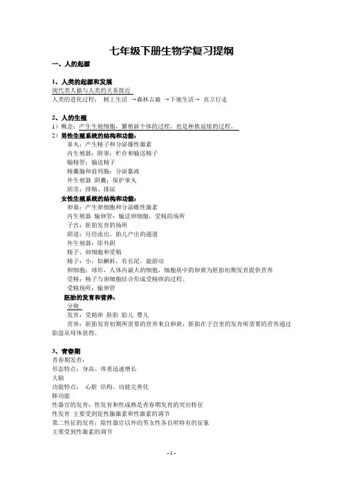 七年级下册生物学复习提纲