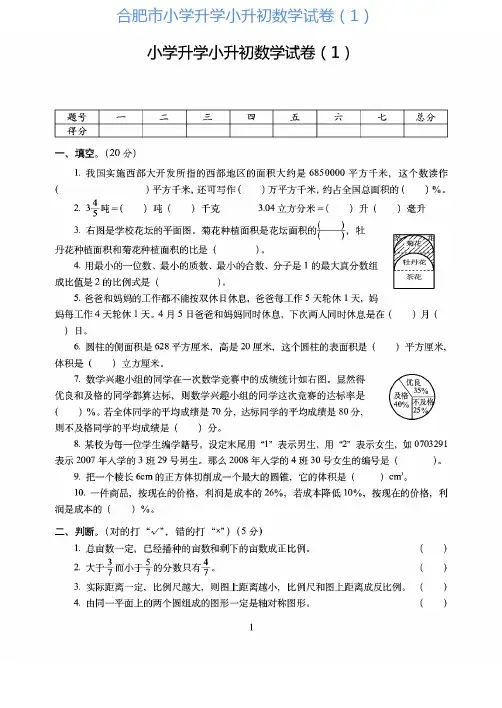 合肥市2019小学升学小升初数学试卷(1)附详细答案