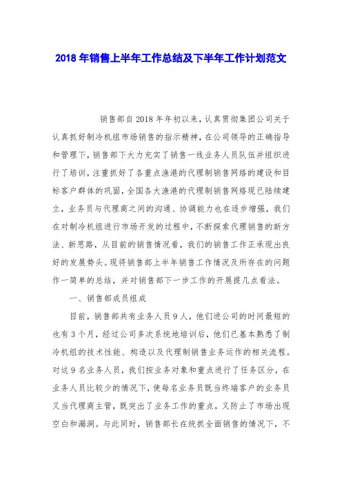 2018年销售上半年工作总结及下半年工作计划范文