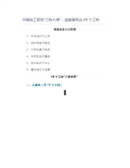 中建施工现场“三铁六律”,涵盖建筑业49个工种
