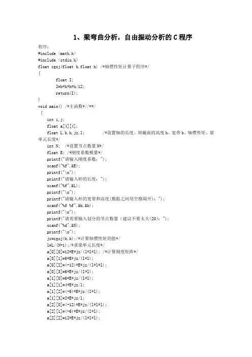 梁弯曲分析,自由振动分析的C程序