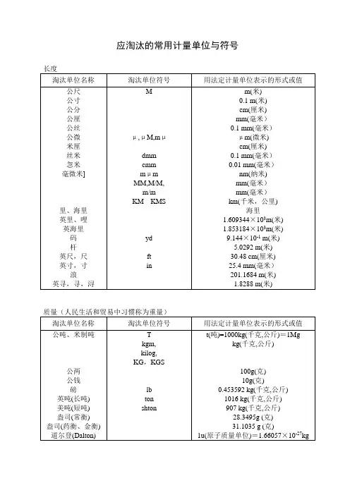 应淘汰的常用计量单位
