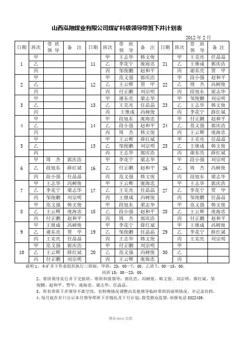 煤矿领导带班下井计划表新版