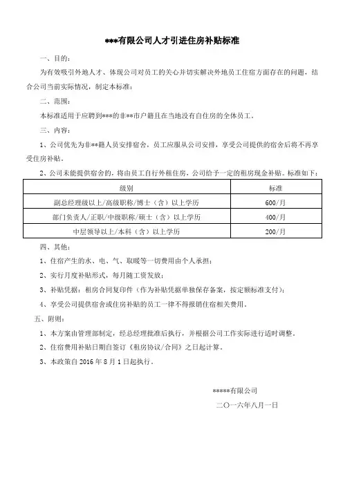 人才引进住房补贴标准