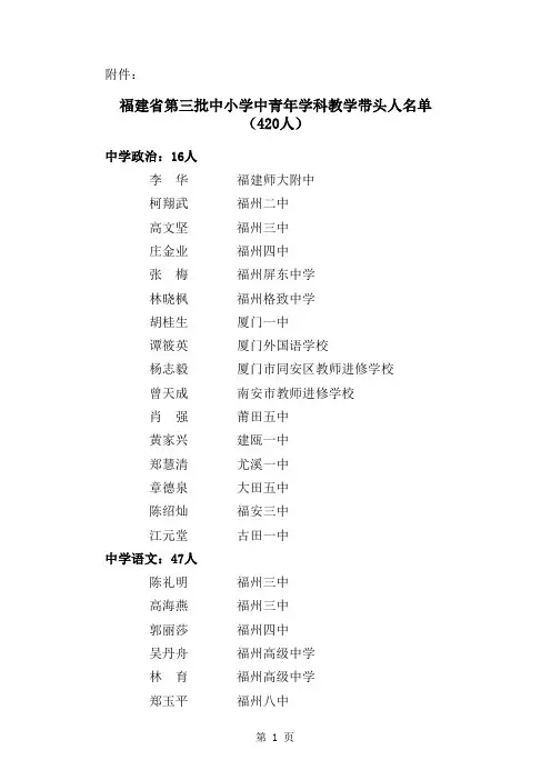 福建省第三批中小学中青年学科教学带头人名单