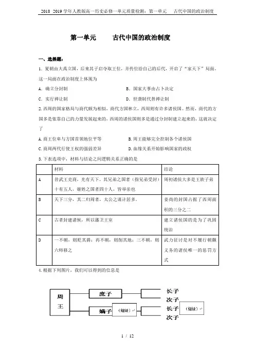 2018--2019学年人教版高一历史必修一单元质量检测：第一单元   古代中国的政治制度