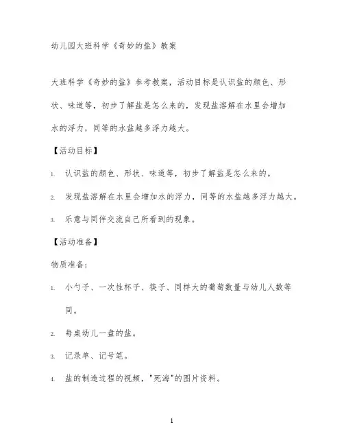 幼儿园大班科学《奇妙的盐》教案