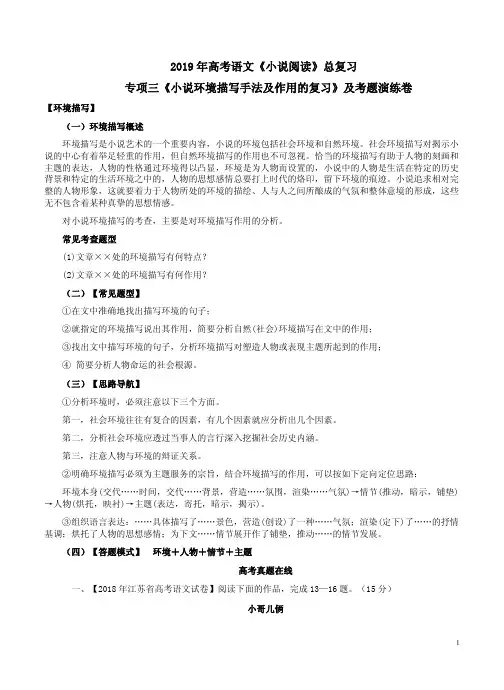 2019年高考语文《小说阅读》总复习专项三《小说环境描写手法及作用的复习》及考题演练卷