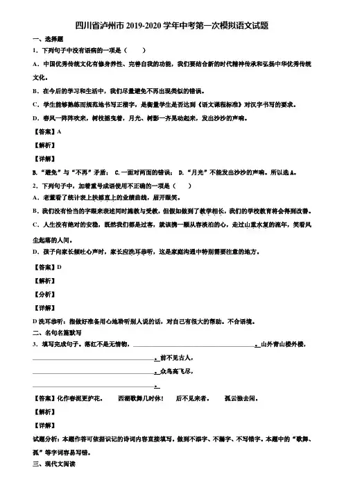 四川省泸州市2019-2020学年中考第一次模拟语文试题含解析