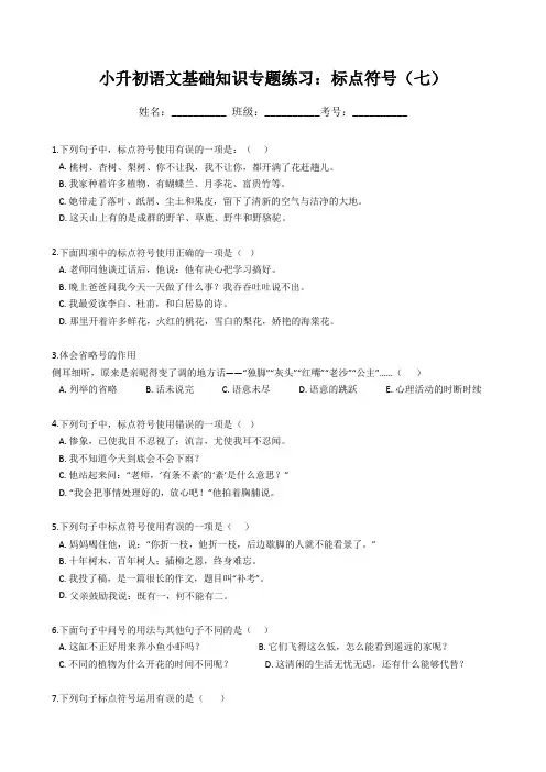 小升初语文基础知识专题练习：标点符号(七)