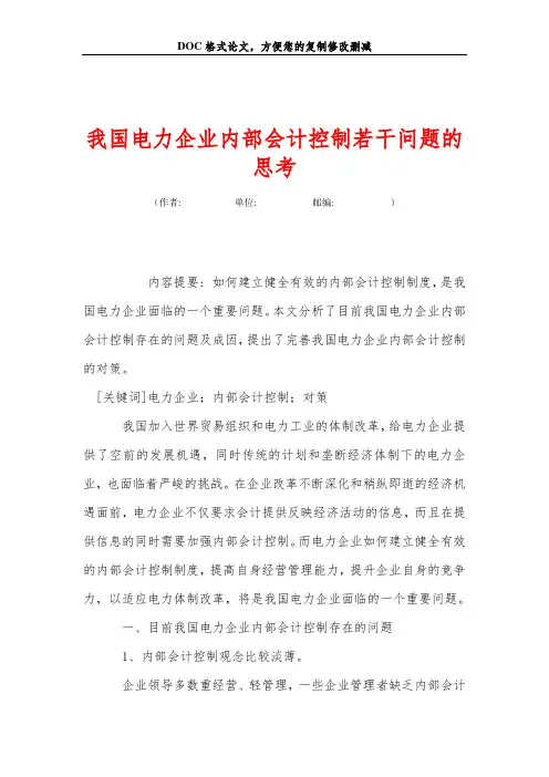 我国电力企业内部会计控制若干问题的思考