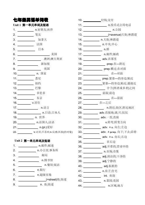七年级下册英语单词表(人教版)(新)