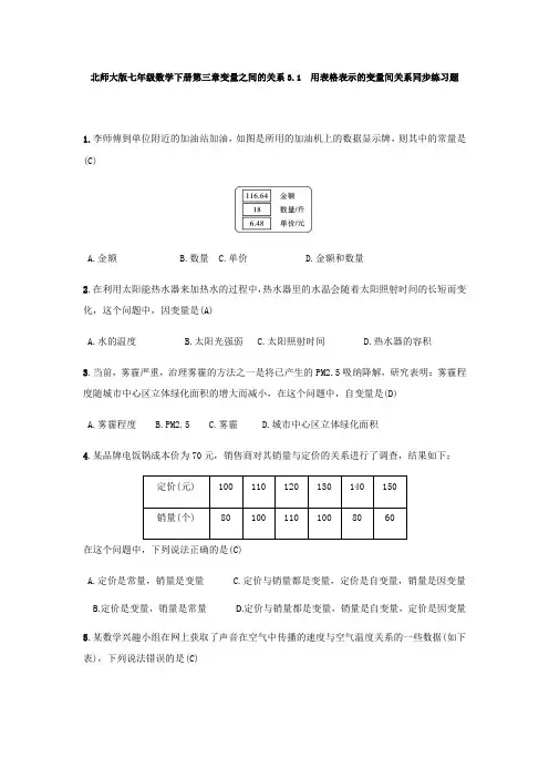 北师大版七年级数学下册 第三章 变量之间的关系 3.1 用表格表示的变量间关系 同步练习试题(含答案