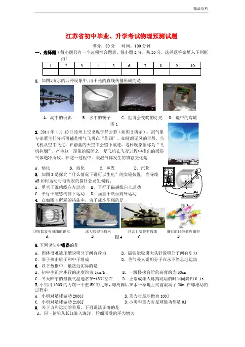 江苏省2020年初中毕业、升学考试物理预测试题(含答案)